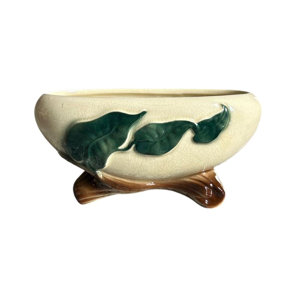Vintage Royal Copley Footed Cream Oval Planter Vase with Green Leaves